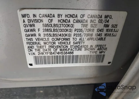 2004 Honda Pilot Ex z USA, uszkodzony, nr VIN 2HKYF18474H558466